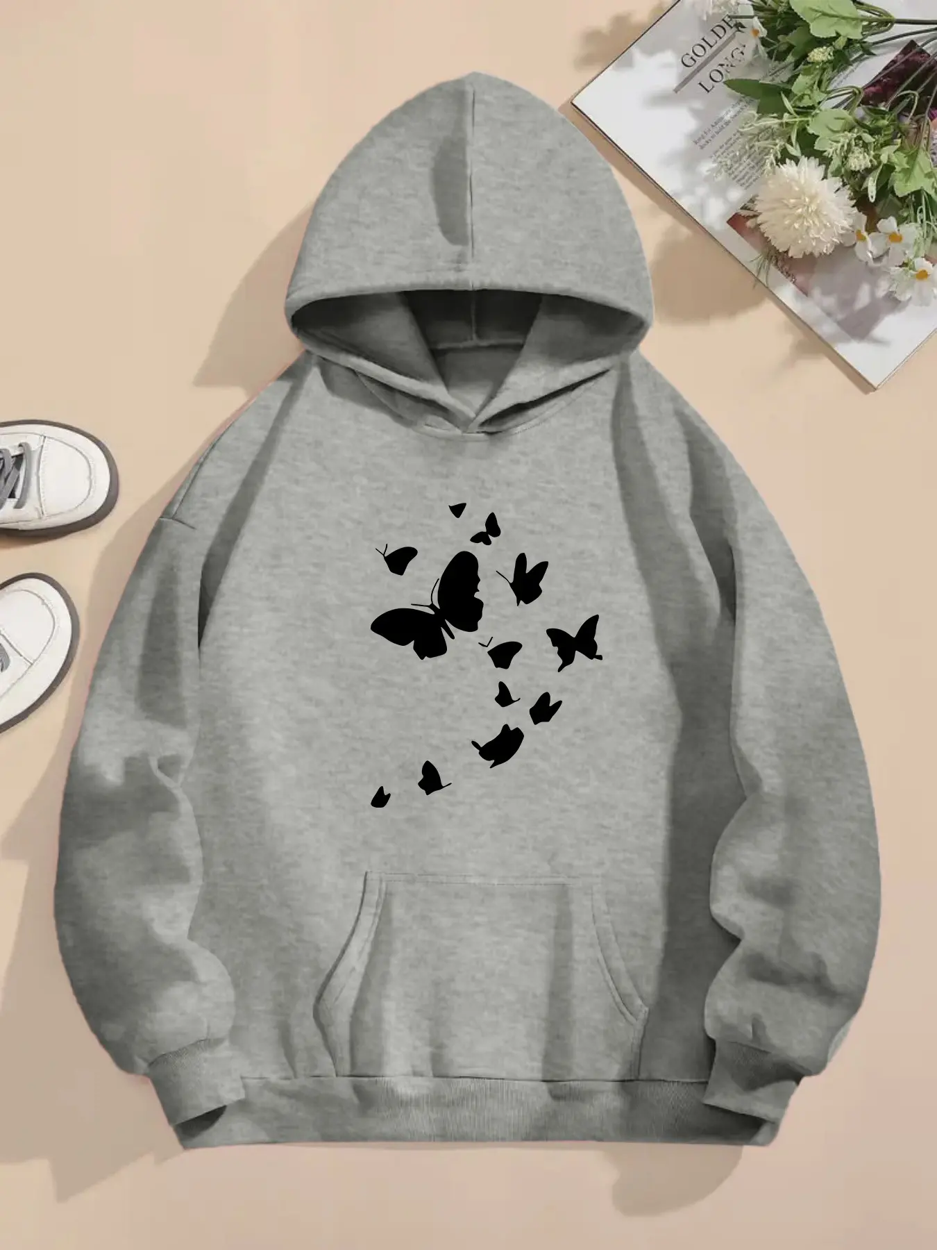 Women's Hooded Sweatshirt, Long Sleeve, Autumn Winter Butterfly Print, Casual Fitted Style, Warm Lining, Perfect for Daily, School Commute, Casual Dates, Womenswear Tops