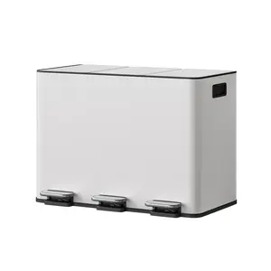 3-Compartment Stainless Steel Kitchen Pedal Bin – Soft-Close Lids – Removable Inner Buckets & Handles – Waste Separation System for Efficient Trash Sorting & Recycling – 45L (3 x 15L)