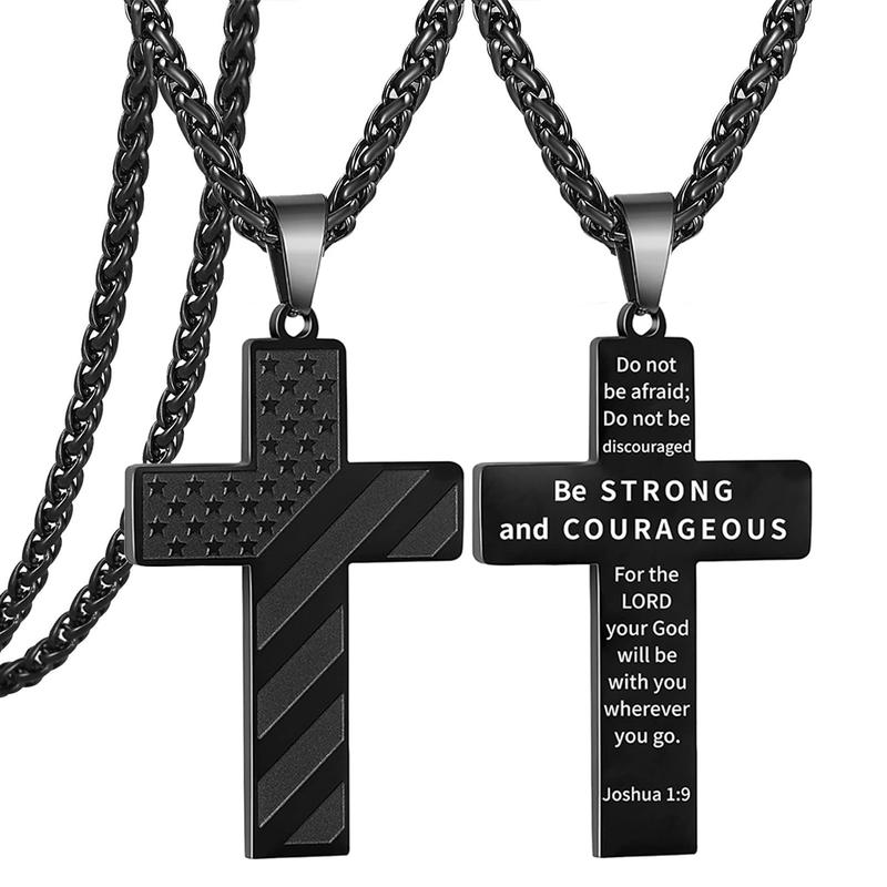 22 Inch Cross Necklace Bible Verse Stainless Steel American Flag Pendant Chain for Men Jewelry Gift