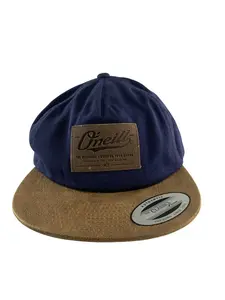 O'Neill Hat Cap Strap Back Navy Blue Brown Faux Leather Brim Patch Mens Surf
