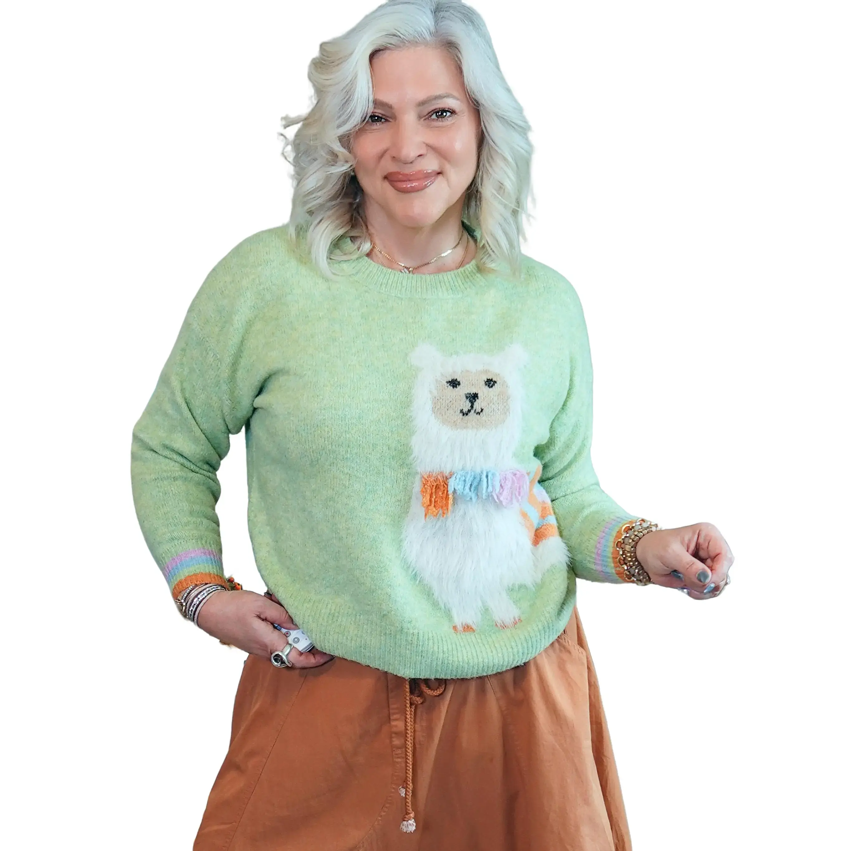 Women's Andean Breeze Hand-Crocheted Alpaca Design Pullover Sweater - Green, Colorful Trim, Artisanal Cozy Comfort
