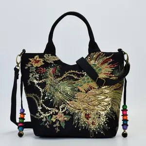 Peacock Embroidery Canvas Handbag 33cm x 27cm x 12cm Handheld Diagonal with Main Pocket Zipper Closure & Mobile Phone Pocket Polyester Cotton Lining