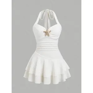 Elegant Women’s Halter Neck Mini Dress, Textured Fabric, Ruched Bust, Metal Embellishments, Summer Beach Vacation GARMENTARY