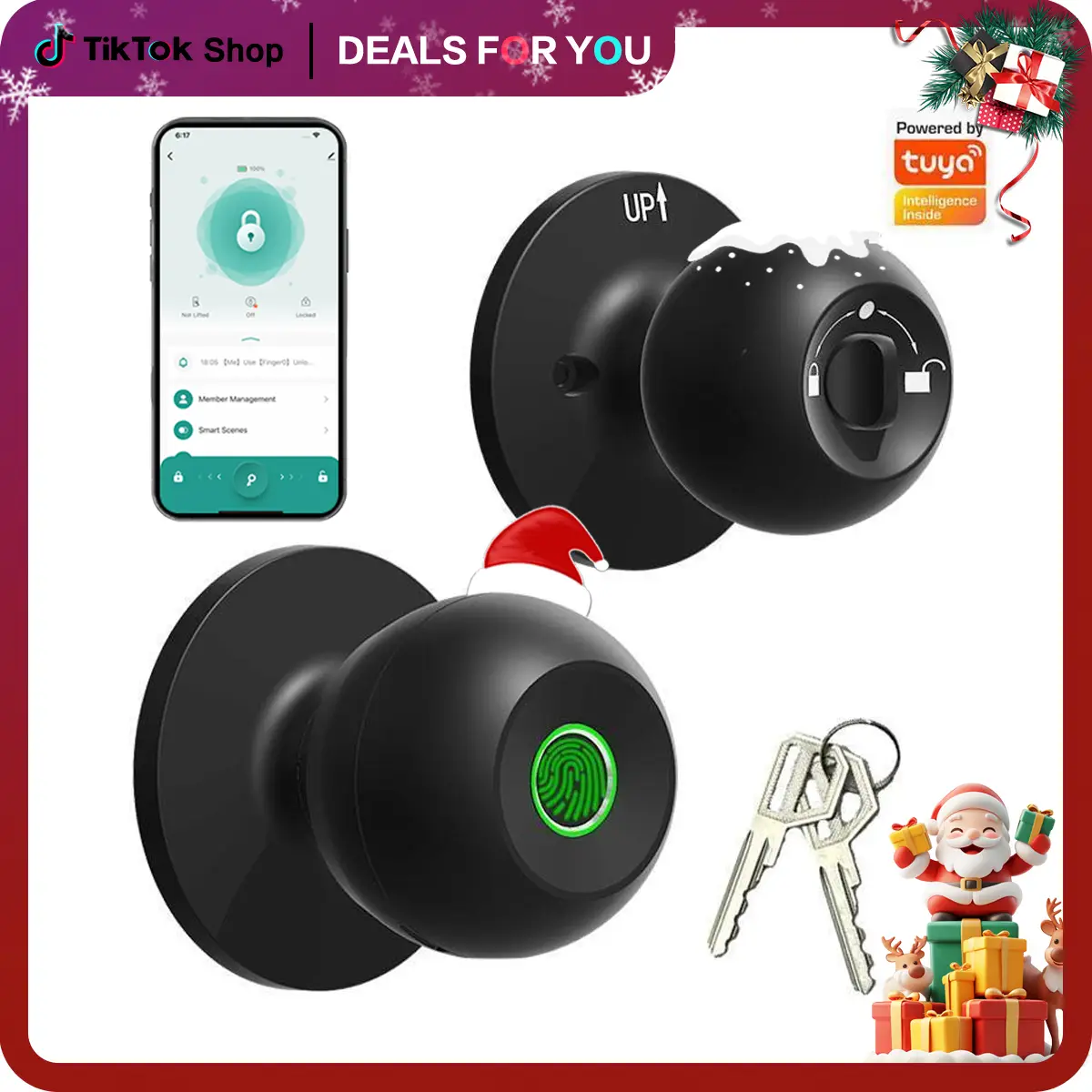 Smart Fingerprint Door Lock with APP Control & Emergency Key - Black ABS+PC Material - 7.5cm x 7.5cm x 5.9cm - Keyless Entry Biometric Lock for Room,
