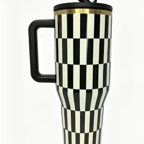 HydroJug 40 oz Stainless Steel Portable Vacuum Flask - Black Gold Vertical Striped Water Bottle, Leakproof Insulated Drink Tumbler with Handle, Detachable Straw, Cup Holder-Friendly Base, Easy-Clean Durable Travel Mug, Keeps Ice 24+ Hours