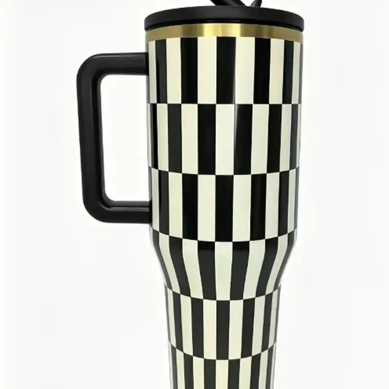 HydroJug 40 oz Stainless Steel Portable Vacuum Flask - Black Gold Vertical Striped Water Bottle, Leakproof Insulated Drink Tumbler with Handle, Detachable Straw, Cup Holder-Friendly Base, Easy-Clean Durable Travel Mug, Keeps Ice 24+ Hours