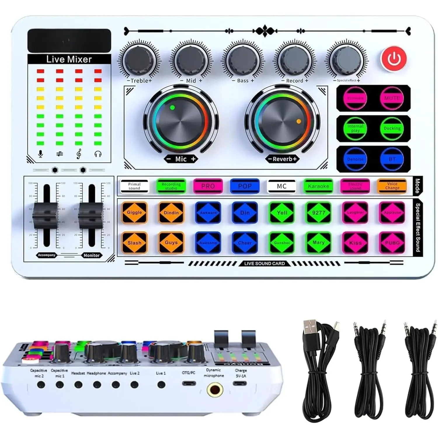 F999 White Live Streaming Sound Card, Professional Audio Mixer F999 White Live Streaming Sound Card, Professional Audio Mixer