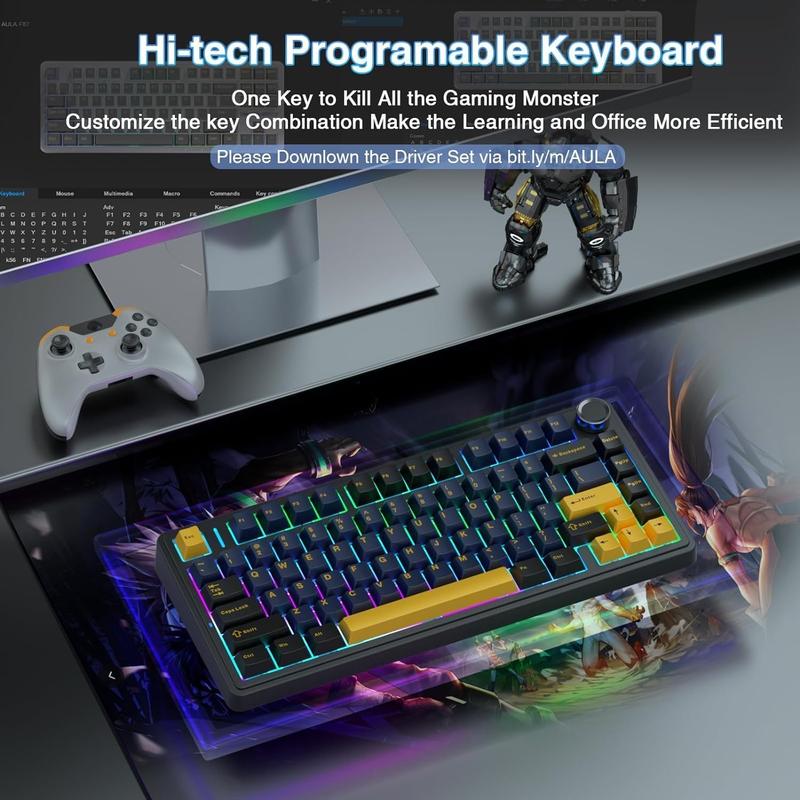 Aula F75 Gasket Mechanical Keyboard, 75% Wireless Hot Swappable Gaming Keyboard with Five-Layer Padding&Knob, Bluetooth/2.4GHz/USB-C, RGB (Blue Gradient, LEOBOG Reaper Switch) bluetooth  keyboard