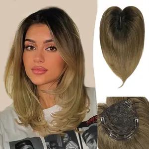 Hair Topper 12inch Clip in Synthetic Hair Toppers for Women with Thinning Hair Layered 6"X6" Big Base Toppers Dark Brown with Dark Root Hair Pieces for Women Daily Wear