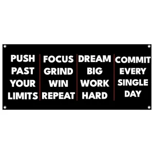 Motivational Banner – Push Past Your Limits, Focus Grind Win Repeat, Dream Big Work Hard, Commit Every Single Day – 48x21 Inch Gym Wall Art – Heavy-Duty Vinyl with Grommets – Office Garage Fitness Decor