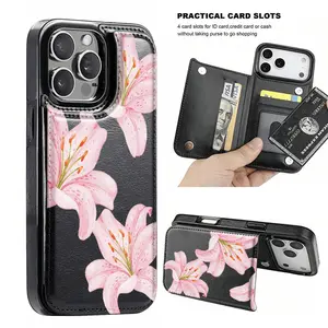 Elegant and stylish pink lily design anti-drop leather card holder phone case,for iPhone 17 Pro Max Phone Case 17 Air 16 15 Plus 14 13 12 , Samsung Galaxy S25 ULTRA FE Plus S22 S23 FE S24 Plus