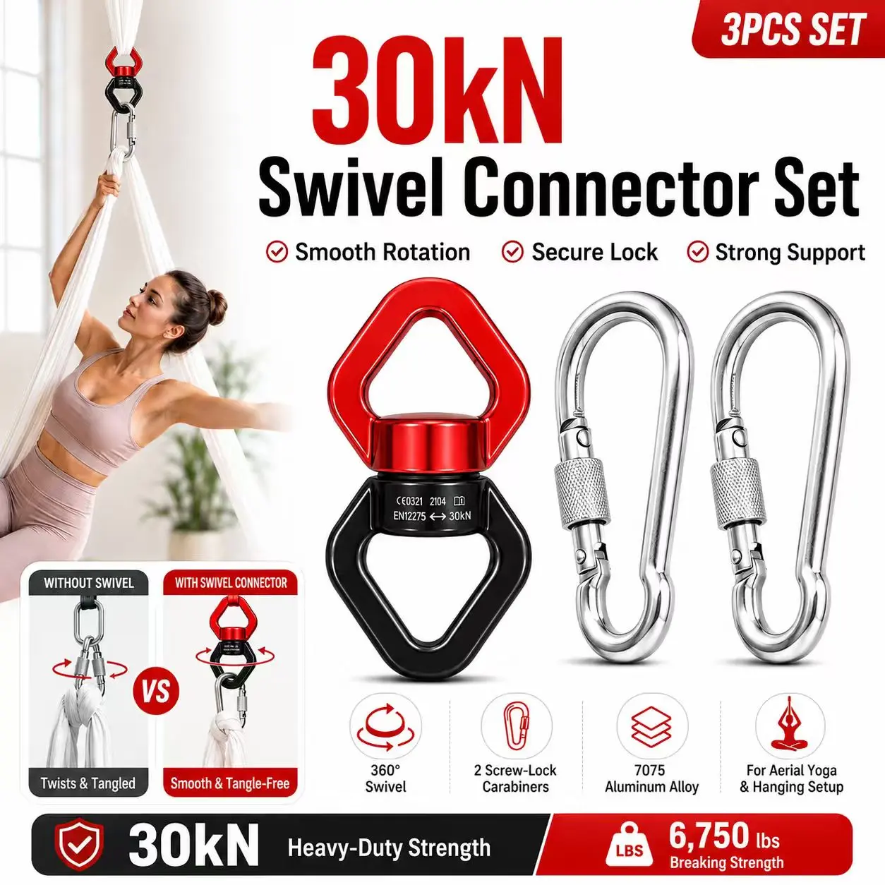3-Piece 30kN-Rated Swivel Connector Set - Aluminum Alloy 360° Smooth Rotating Spinner with 2 Screw-Lock Carabiners, Reduces Rope Twisting for Aerial Yoga, Hammocks, Indoor/Outdoor Suspension
