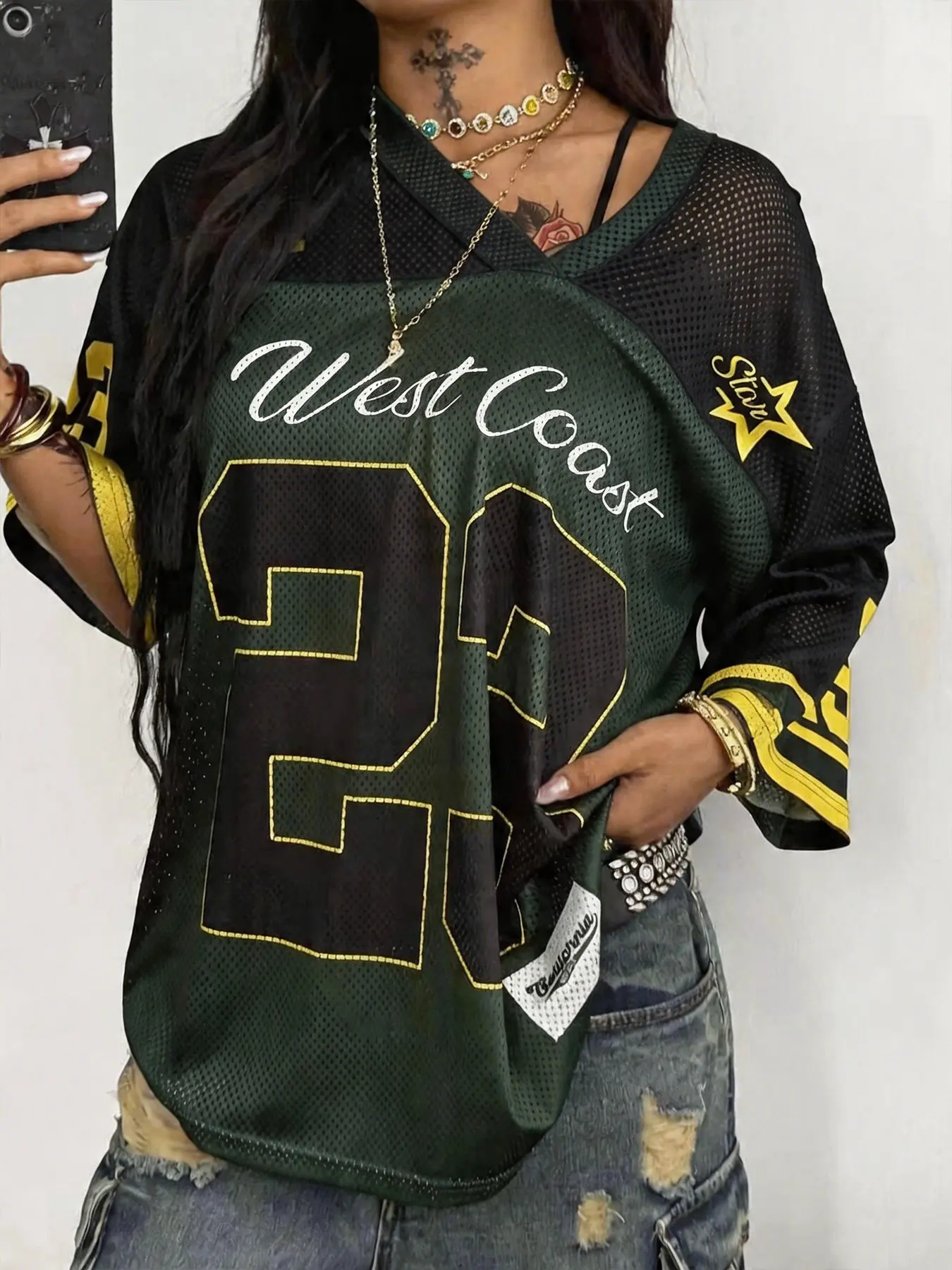 American Y2K Retro Style Women's West Coast Mesh Jersey, Breathable Casual Loose Fit V-Neck Short Sleeve T-Shirt, Casual Loose Tee, Trendy Fashion Top, Aesthetic Streetwear, Casual Streetwear Look