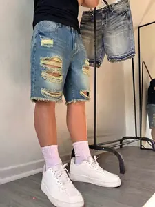 Men's Denim Shorts Five-Piece Summer Pants, Non-Elastic Straight Leg Jeans, Cotton Ripped Streetwear Vibe, Breathable Daily Commute