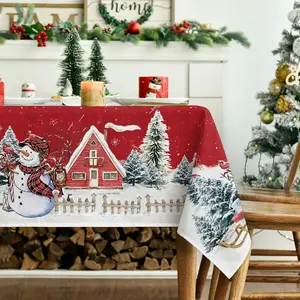 Christmas Tablecloth with Snowman Patterns, Christmas Decor 2025, Christmas Party Decoration for Home Indoor Outdoor, Vintage Red Rectangular Table Cloth, Holiday Kitchen Festive Decor, Christmas Gifts