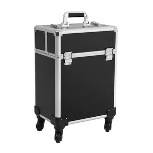 Modern Rectangular Aluminum Alloy Makeup Roller Case, Travel-Ready, 4-Compartment, Large-Capacity, Dual Locks, Removable Wheels, 13.23lbs Load Capacity, Rectangular Shape,summervibes