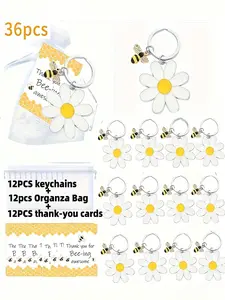 36 Piece Daisy & Bee Keychain Set, Alloy Keychains with Organza Bags and Thank-You Cards, Perfect Christmas Gift for Mom, Friends, Colleagues