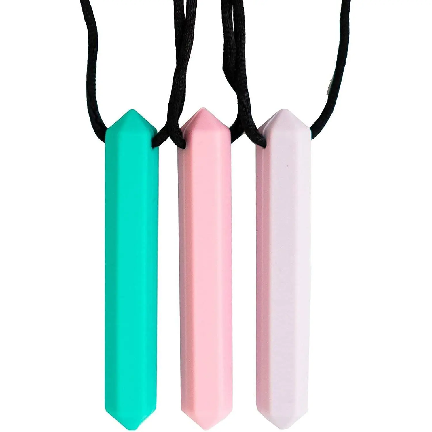 Textured Pencil Chew Necklace 3-Pack for Kids, Casual Solid Colors Silicone Pendants, Calming Sensory Jewelry with Breakaway Clasps, 3 Count (Pack Of 1), Pencil 3-Pack