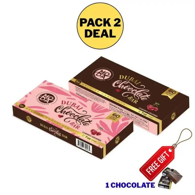 2 Pack MODA PATISSERIE Dubai Chocolate Bar Cherry Crumbs- Belgian chocolate with Pistachio Viral Knafeh Chocolate Bar with Pistachio CreamIdeal Gift for all Occasions, 100% Original Taste 6.7oz Snack Dessert