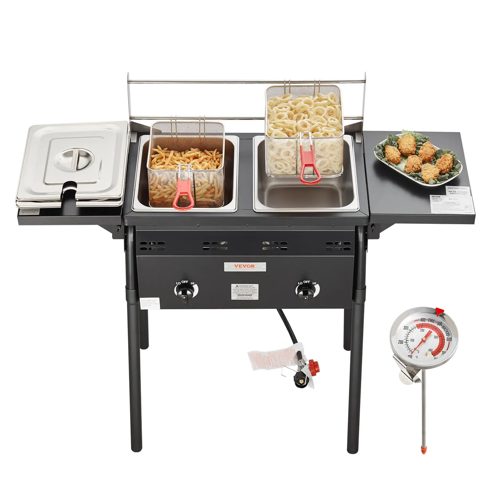 【summerfinds】VEVOR Outdoor Propane Deep Fryer, Double Burners Commercial Fryer, 16 Qt Stainless Steel Cooker with Removable Baskets & Lids & Tanks, Oil Fryer Cart with Thermometer & Regulator, For Outdoor Cooking