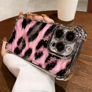 Pink and black leopard print pattern electroplated four-corner airbag shockproof and anti-drop phone case. Suitable for iPhone 17 Pro Max, 16/15/14/13/12/11 Pro Max, and Samsung S25, S24, S23 (airbag shockproof transparent protective case).