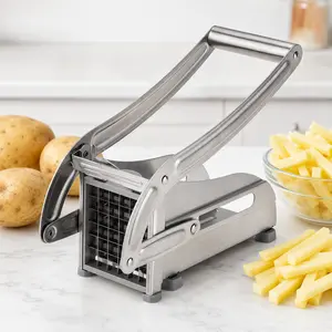 MIUVA Stainless Steel French Fry Cutter, Manual Potato Chipper with 36/46 Hole Blades, Suction Cup Base Vegetable Slicer Dicer for Potatoes, Onions, Carrots & Produce Prep Containers, Silver