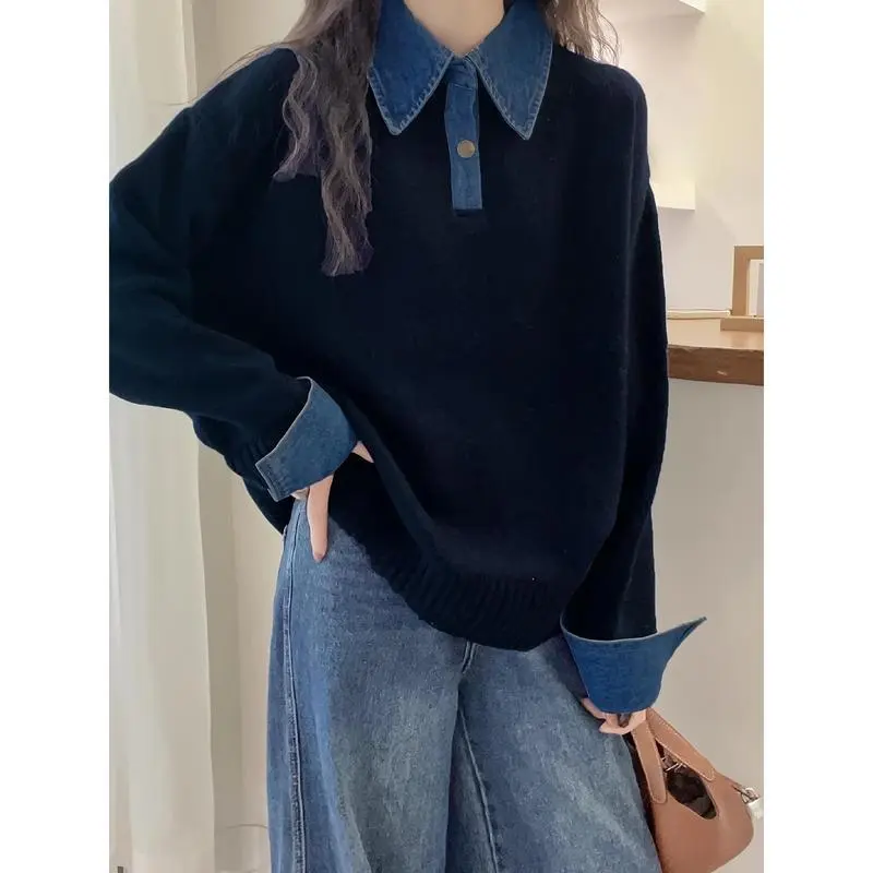 High-End Autumn Winter New Korean Style Elegant Polo Collar Denim Patchwork Knitted Sweater Fake Two-Piece Loose Sweater Women's Clothing
