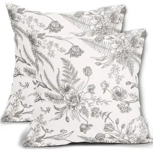 Grey and White Floral Pattern Pillow Covers 20x20 Inch Set of 2 Gray Flowers Throw Pillowcase Cotton Linen Square Decorative Morden Light Grey Cushion Cover for Sofa Bedroom Indoor Outdoor Party