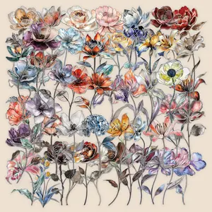 50 Sheets of Silver-stamped Retro Floral Flower and Leaf Stickers in Transparent PET Material. Suitable for Waterproof Decoration on Suitcases, Phone Cases, Laptops, Helmets, Skateboards, and Other DIY Creative Stickers.