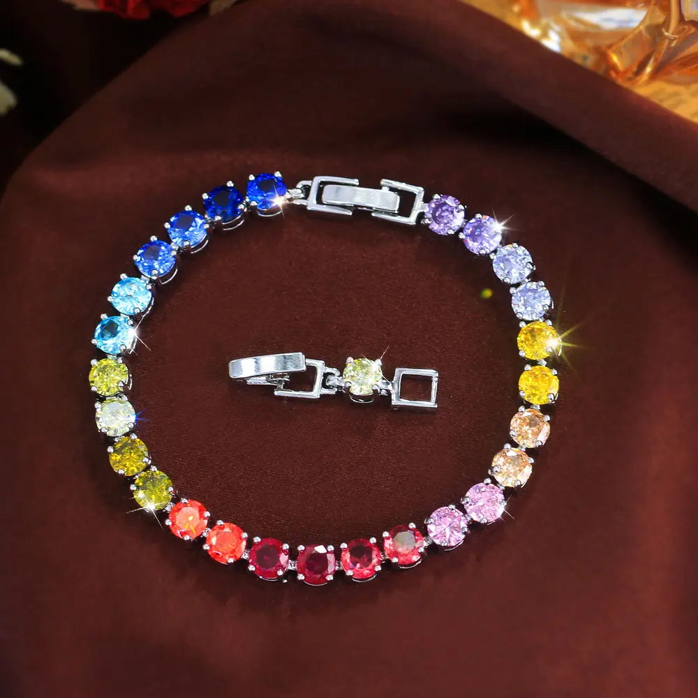 Women's 5A Zircon Gradient Rainbow Full-Stone Round Crystal Bracelet - Light Luxury Casual Trendy Artificial Gemstone Jewelry, Elegant Exquisite Bangle for Commuting, Party Wear, Anniversary