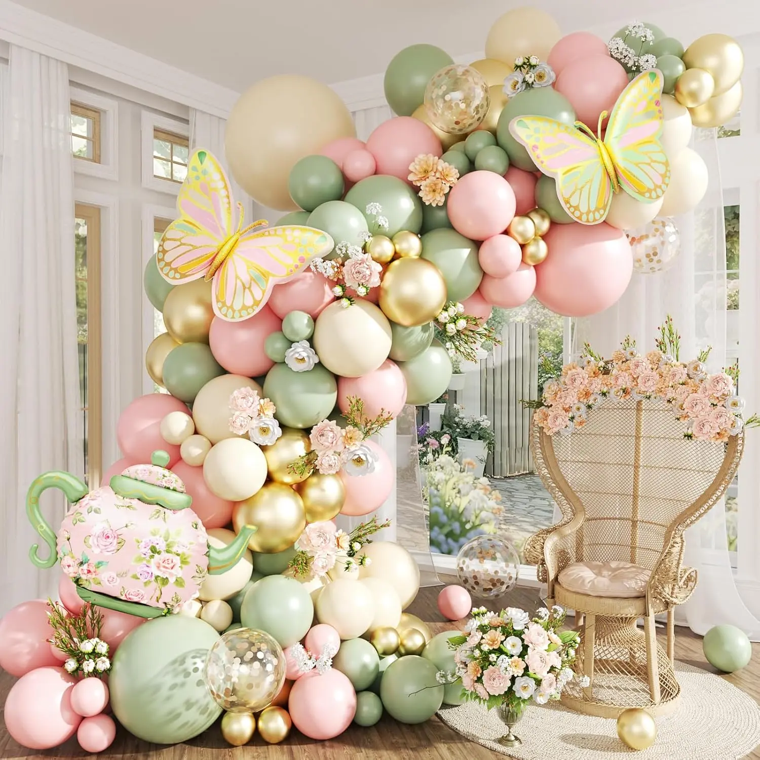Tea party princess birthday decorations pink sage green gold balloon arch teapot butterfly foil balloon for spring garden baby shower bridal shower