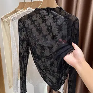 New Color Lace Bottom Shirt for Women, Thin High Collar Mesh Small Shirt for Women, Transparent Mesh Top Fairy Lace Top