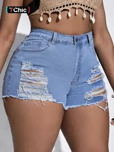 【Plus Size】 Size Denim-effect Print Distressed Hem Shorts, Casual Fashion Ripped Shorts for Daily Outdoor Wear, Women Plus Clothing for Summer