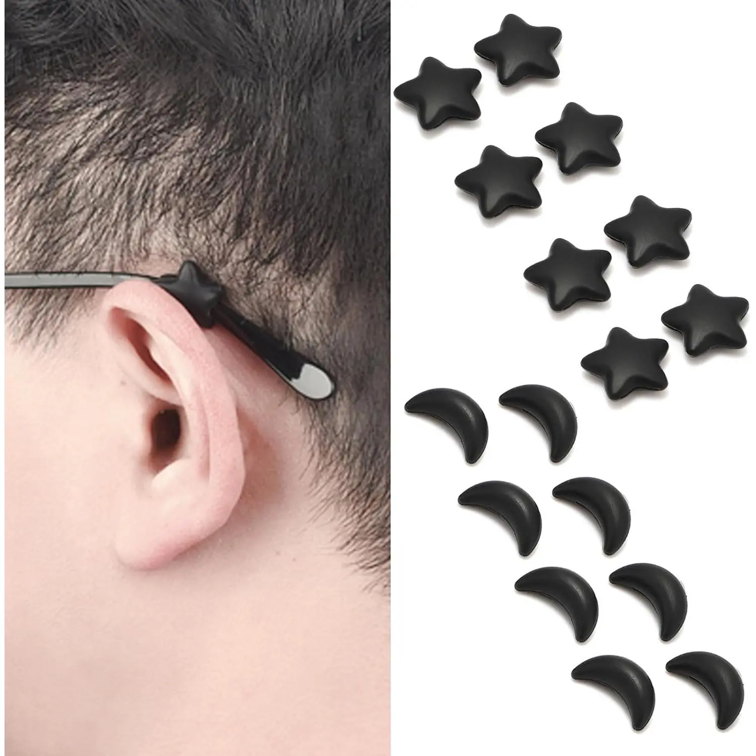 8-Pair Silicone Eyeglass Ear Grips - Moon & Star Shape Glasses Temple Sleeves, Anti-Slip Retainer for Glasses, Sunglasses, Moon Shape Glasses Ear Grips
