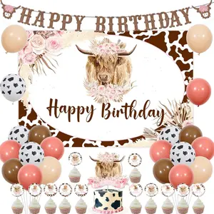 Boho Highland Cow Birthday Decorations Girl, Pink Brown Cow Balloons Party Decor With Happy Birthday Backdrop, Banner, Cake Topper, Floral Highland Cattle Farm Theme Party Supplies