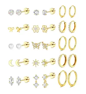 LOLIAS 14K Gold Plated Flat Back Earrings - Hypoallergenic Surgical Stainless Steel Stud Hoop Earrings for Women Girls Cute Stud Earring Set Small Huggie Hoops Cartilage Earring Stacks