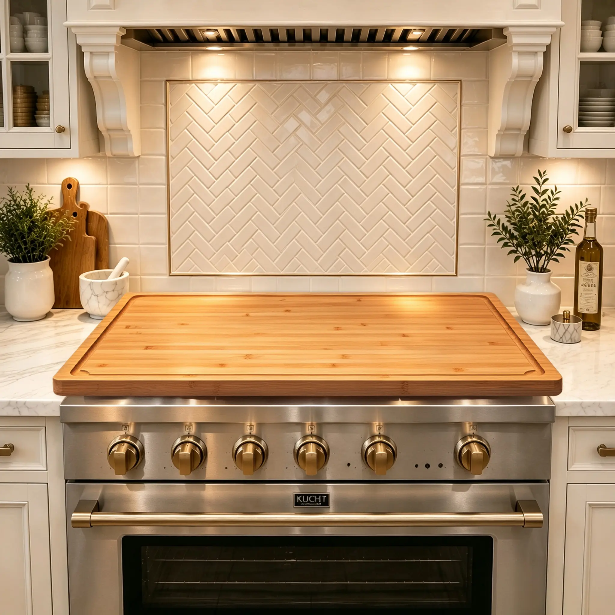Kikcoin 4XL/5XL Rectangular Bamboo Stovetop & Oven Cover - Kitchen Accessories, Chopping/Kneading/Charcuterie Board, Handle, Juice Groove, Knife-Friendly, Washable, Space-Expanding Corner Solution, Party Essential, Carving Board
