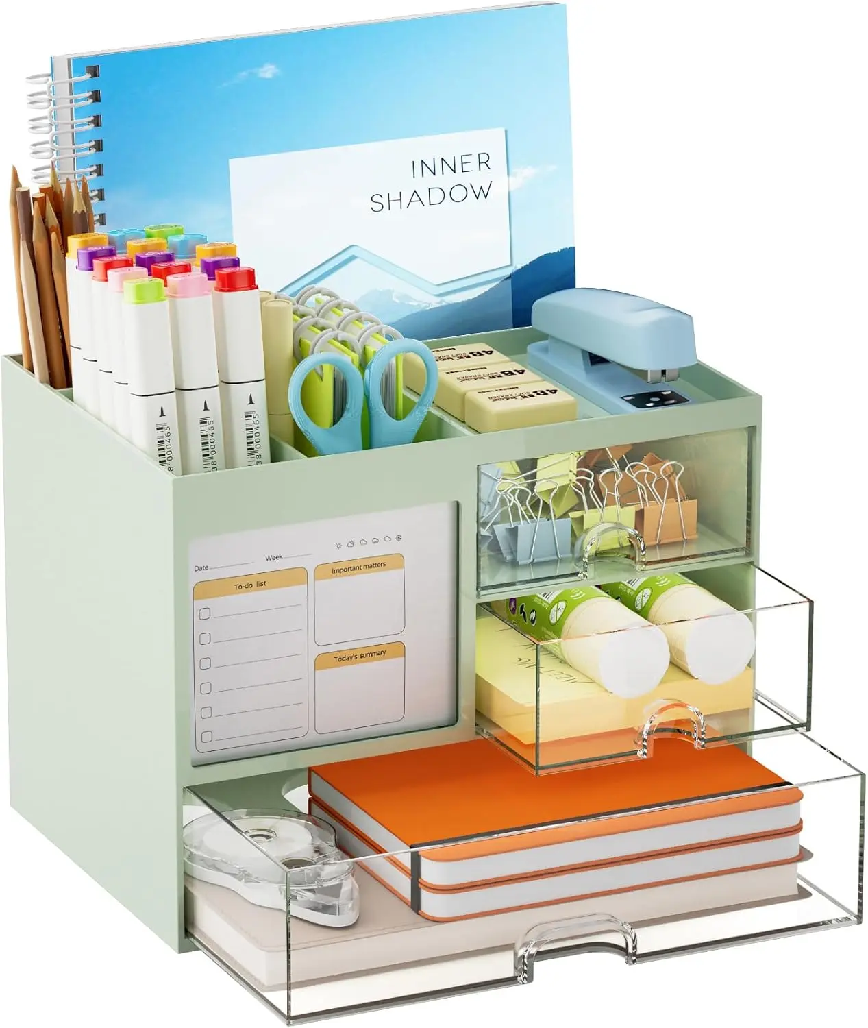 Desk Organizer with 3 Drawer, Multi-Functional Pencil Pen Holder for Desk, Desk Organizers and Accessories with 4 Compartments, Desktop Organizer Storage for Office Home Supplies (Green)