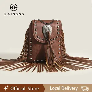 GAINSNS Steampunk Vintage Fringe Crossbody Bag for Women Vegan PU Material Skull Rivet Design Boho Tassel Mobile Phone Bag Magnetic Closure Solid Color Brown Black White Satchel