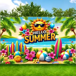 2D Flat Banner Polyester Photography Backdrop, HD Digitally Printed Colorful Summer Beach Theme Background Cloth with "Hello Summer" design, featuring a smiling sun, palm trees, surfboards, and beach balls, soft lightweight foldab