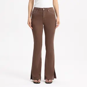 Women’s High Waisted Brown Flare Jeans – Slim Fit Stretch Bootcut Denim Pants with Split Hem