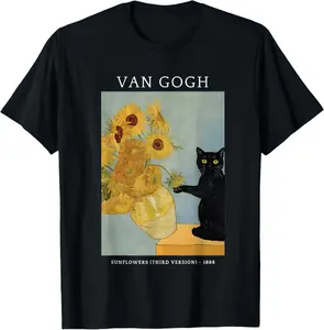 100% Cotton Funny Van Gogh Sunflowers Cat Meme Van Gogh Art T-Shirt