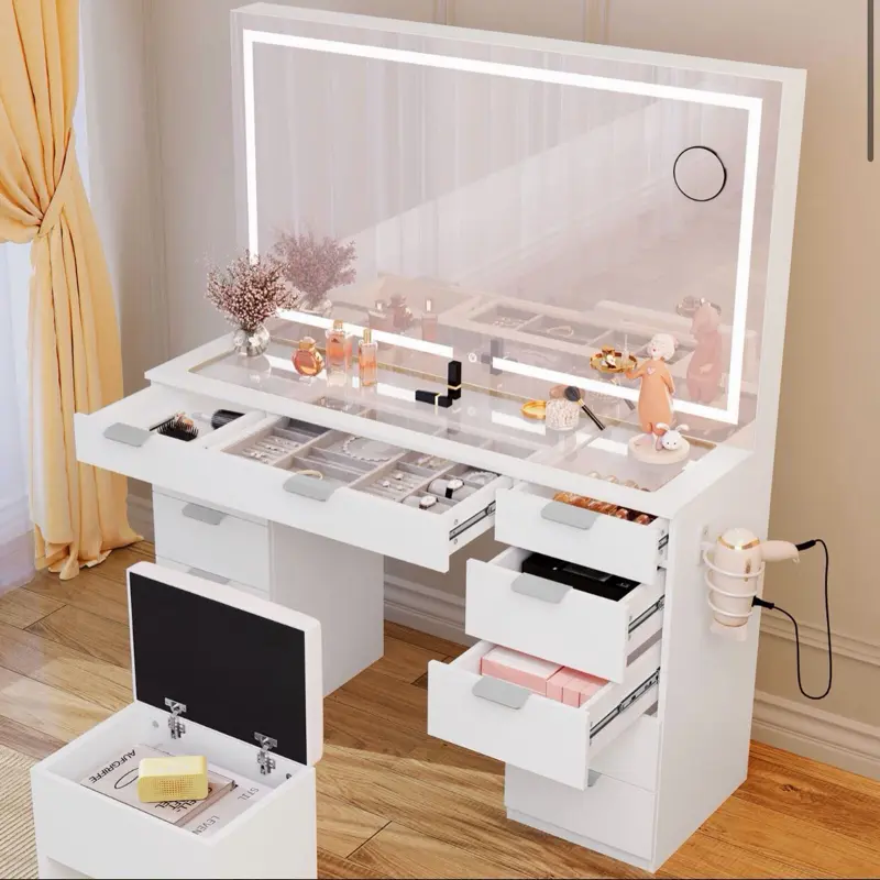 Vanity Set Led Lighted with Sliding Mirror Makeup Dressing Table 11 Drawer