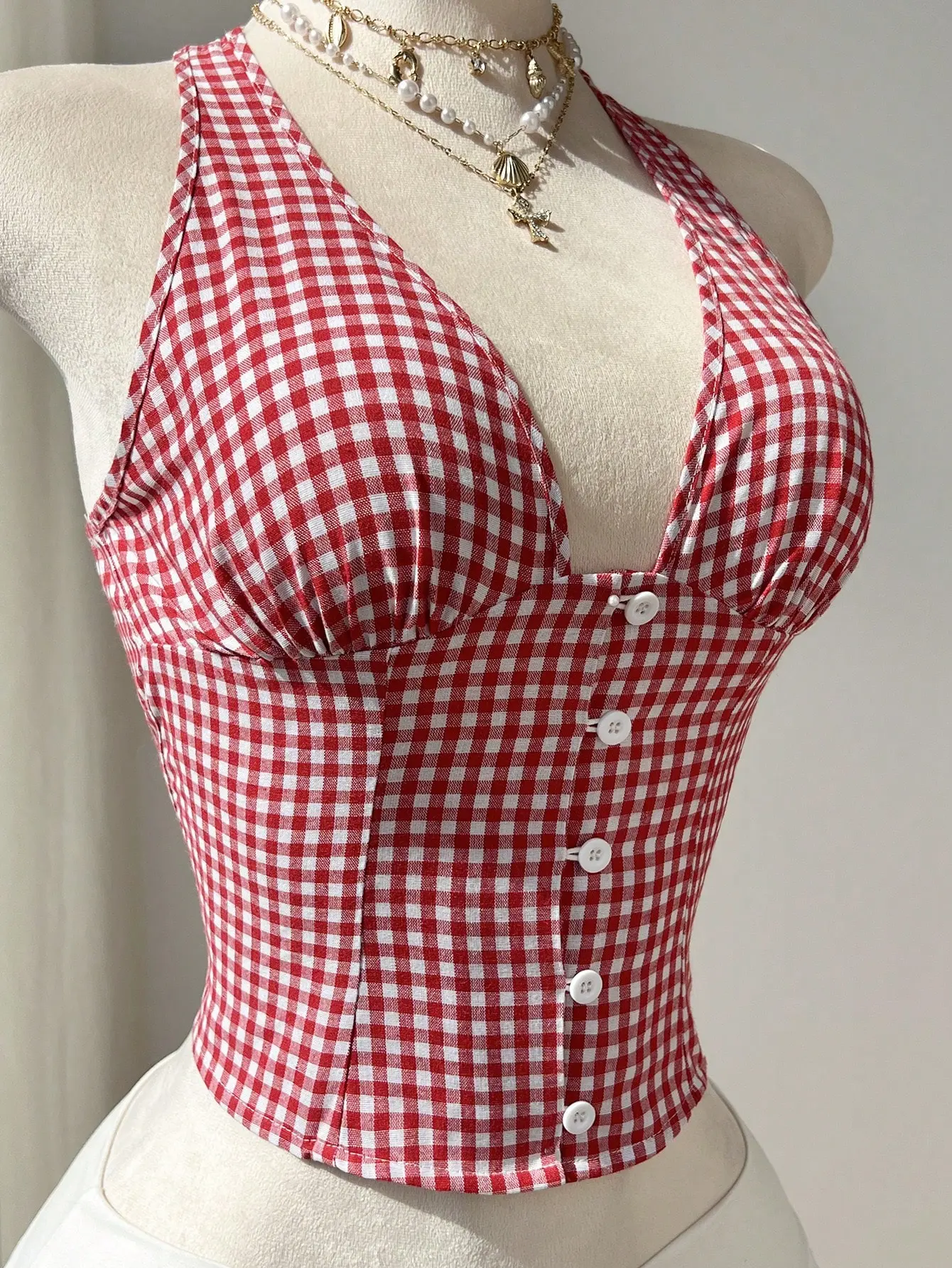Women's Red & White Plaid Cotton Crop Top V-Neck Button Up Tie Back Summer Blouse Casual Vacation Shirt