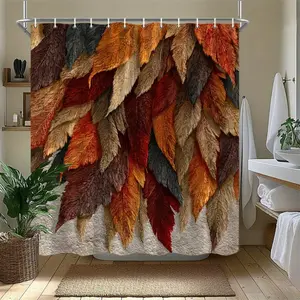 Orange, red, and brown gold leaf design pattern forest shower curtain design, polyester fabric, windows and walls, bathtub, bathroom home decoration shower curtain, four season universal shower curtain, bathroom decoration curtain, with 12 hooks