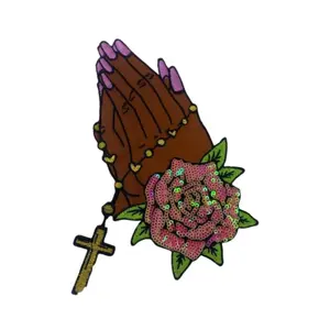 Patch Party Club, 1-pc "Praying Hands" w/ Cross and Flowers, Sequins & Satin Patch, 6" Iron-on Applique, Large Back Patch, Garment Patch, DIY Projects