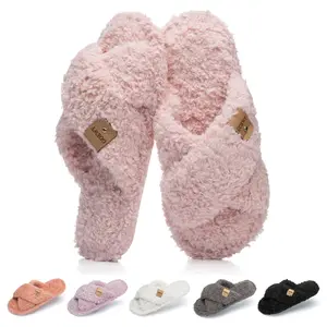 House Slippers for Women Open Toe Fuzzy Corduroy Memory Foam Anti-Skid Indoor Outdoor Crossband Warm Gifts for Women Size 11 12 Purple