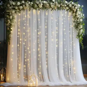 White Tulle Backdrop Curtain with Light String for Party Wedding Baby Shower Birthday Party Photo Shoot Decorations