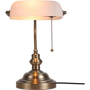 White Matted Glass Bankers Desk Lamp with Pull Chain  Plug in Fixture