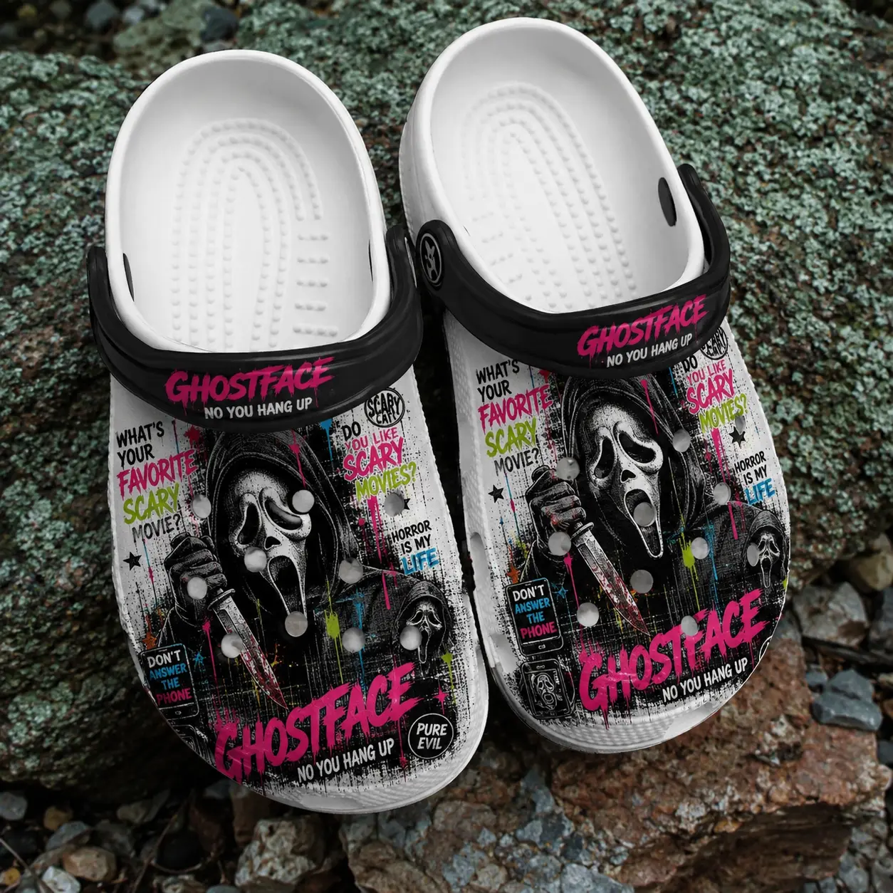Spooky Graphic Clogs Shoes, Halloween Mask Print Clog Shoes, Dark Graphic Casual Comfort Footwear, Unique Halloween Gift